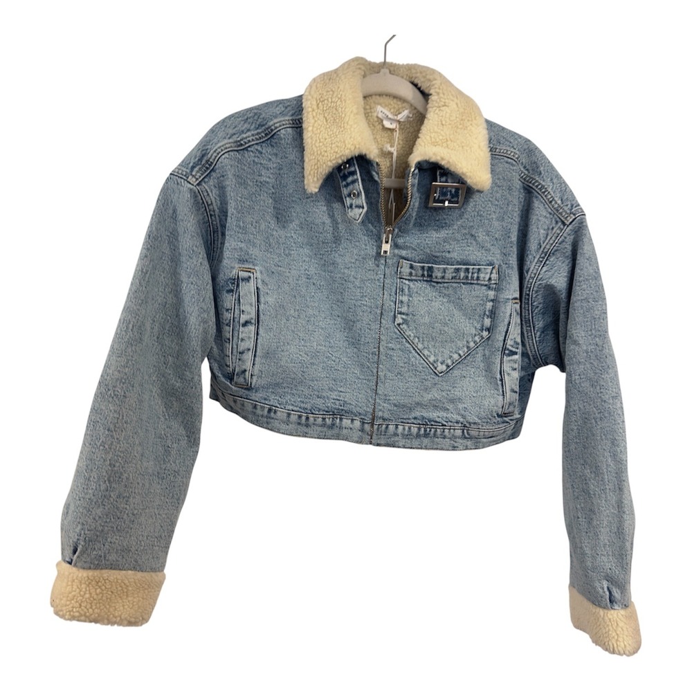 Good American Uniform Crop Zip Jacket Blue Sherpa Lined Denim GCZJ828 Womens S